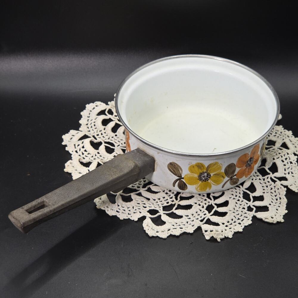 Austria Email Sauce Pan Skillet Enamelware Mod Flowers 70's Boho Cottage VTG MCM